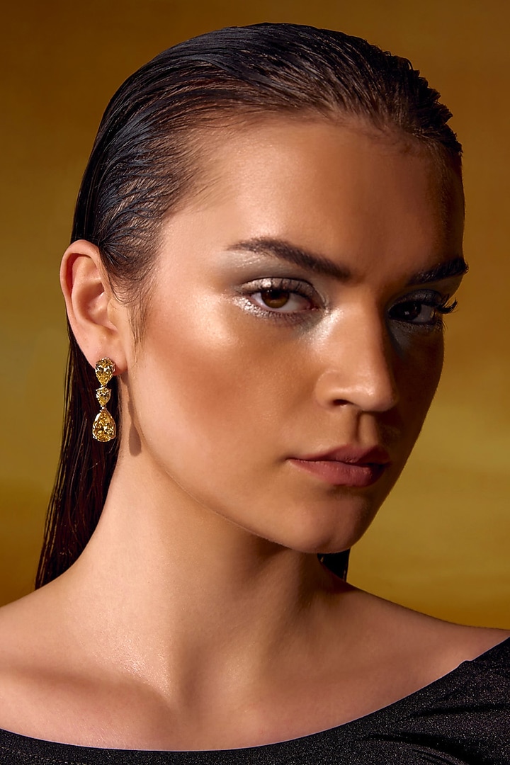 White Rhodium Finish Yellow Cubic Zirconia Crystal Floral Cluster Teardrop Earrings In Sterling Silver by MISS JO at Pernia's Pop Up Shop