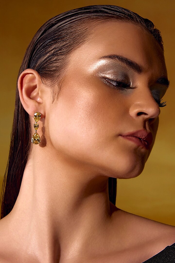 White Rhodium Finish Yellow Cubic Zirconia Crystal Floral Cluster Teardrop Earrings In Sterling Silver by MISS JO at Pernia's Pop Up Shop