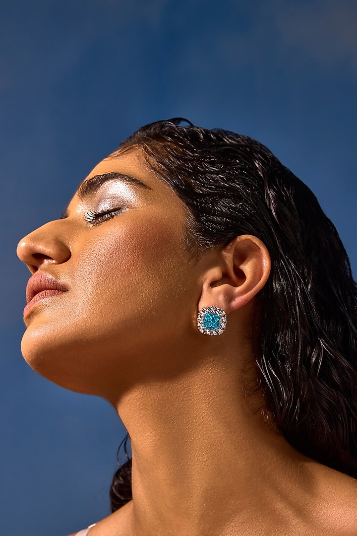 White Rhodium Finish Aqua & White Cubic Zirconia Crystal Stud Earrings In Sterling Silver by MISS JO at Pernia's Pop Up Shop