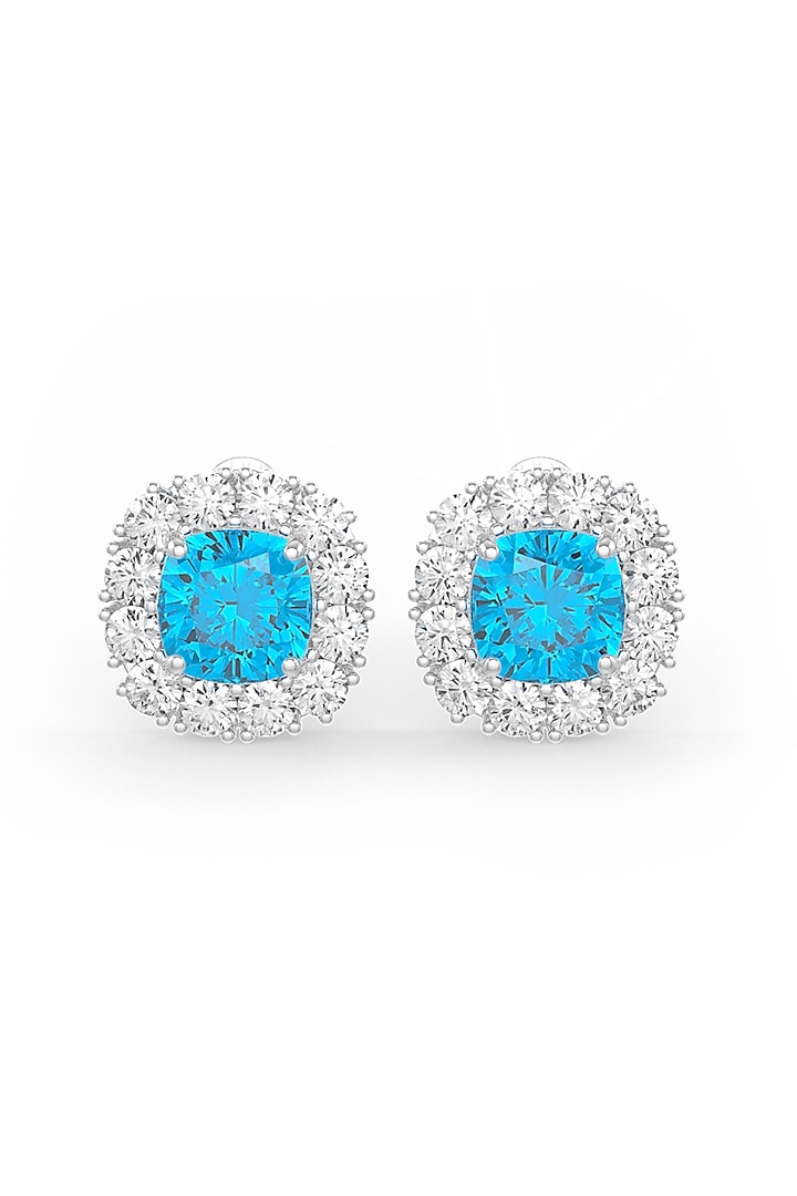 White Rhodium Finish Aqua & White Cubic Zirconia Crystal Stud Earrings In Sterling Silver by MISS JO at Pernia's Pop Up Shop