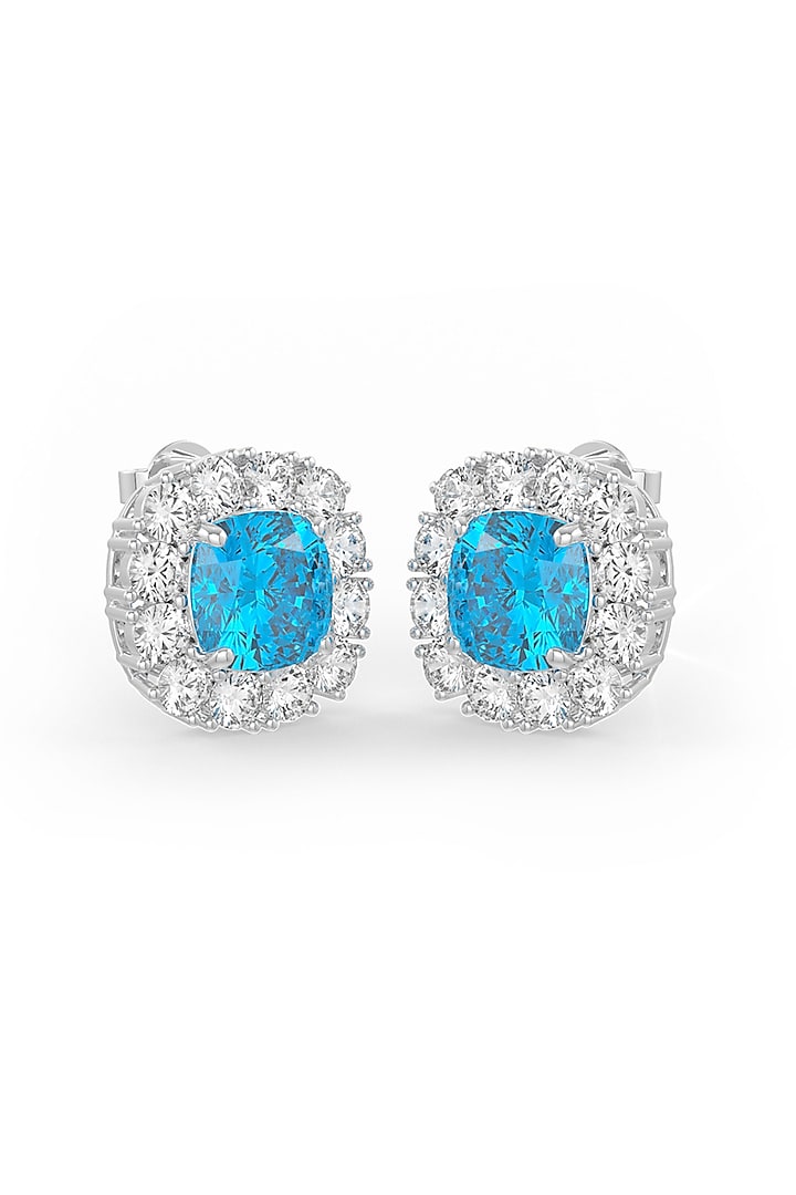 White Rhodium Finish Aqua & White Cubic Zirconia Crystal Stud Earrings In Sterling Silver by MISS JO at Pernia's Pop Up Shop