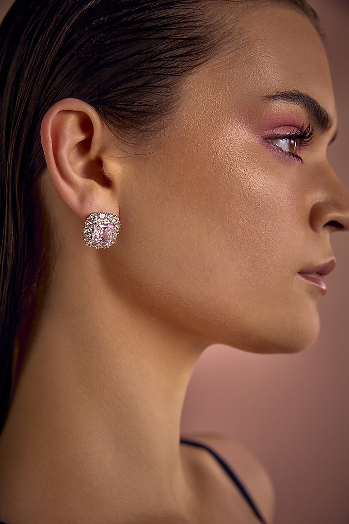 White Rhodium Finish Pink & White Cubic Zirconia Crystal Stud Earrings In Sterling Silver by MISS JO at Pernia's Pop Up Shop