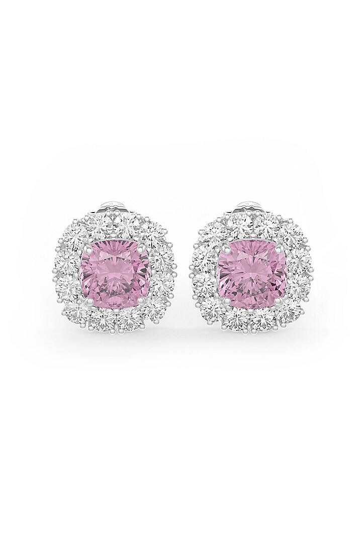 White Rhodium Finish Pink & White Cubic Zirconia Crystal Stud Earrings In Sterling Silver by MISS JO at Pernia's Pop Up Shop