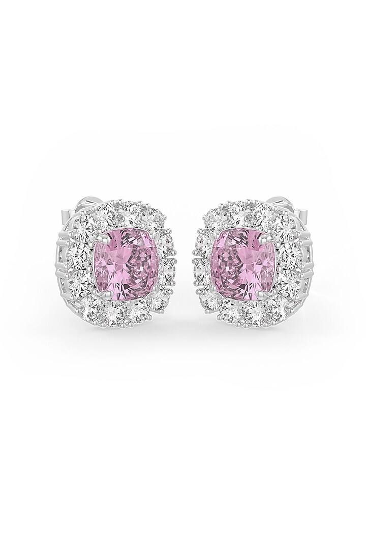 White Rhodium Finish Pink & White Cubic Zirconia Crystal Stud Earrings In Sterling Silver by MISS JO at Pernia's Pop Up Shop