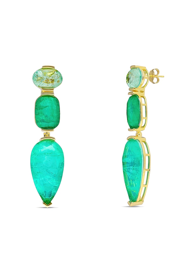 Gold Finish Teal & Emerald Green Natural Stone Drop Dangler Earrings In Sterling Silver by MISS JO at Pernia's Pop Up Shop