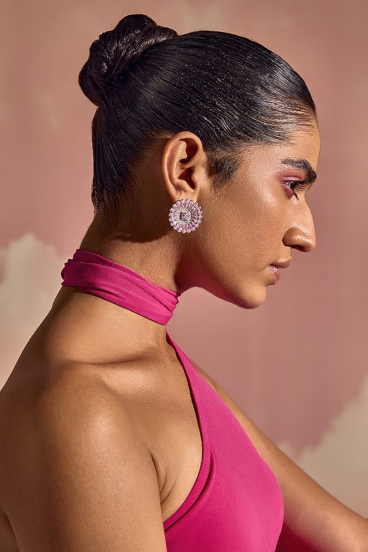 White Rhodium Finish Pink & White Cubic Zirconia Crystal Stud Earrings In Sterling Silver by MISS JO at Pernia's Pop Up Shop