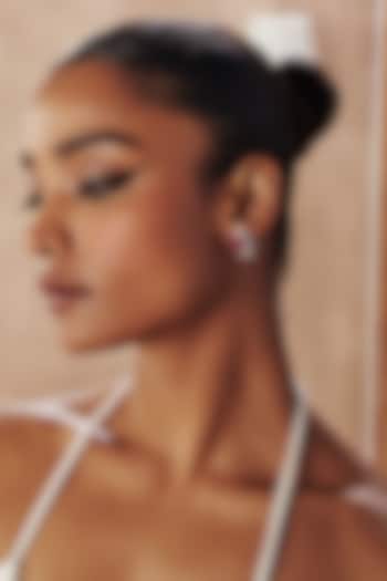 White Rhodium Finish Ruby & White Cubic Zirconia Crystal Floral Stud Earrings In Sterling Silver by MISS JO at Pernia's Pop Up Shop