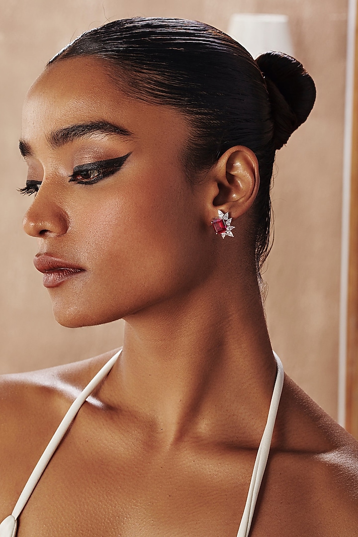 White Rhodium Finish Ruby & White Cubic Zirconia Crystal Floral Stud Earrings In Sterling Silver by MISS JO at Pernia's Pop Up Shop