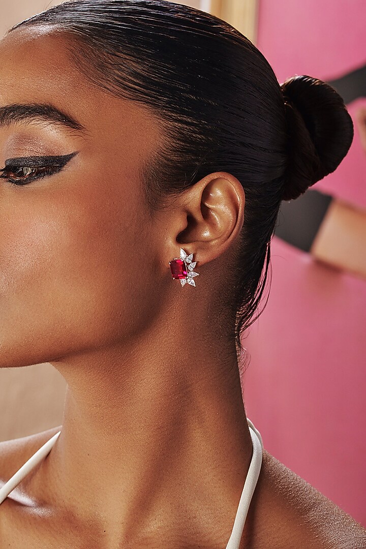 White Rhodium Finish Ruby & White Cubic Zirconia Crystal Floral Stud Earrings In Sterling Silver by MISS JO at Pernia's Pop Up Shop