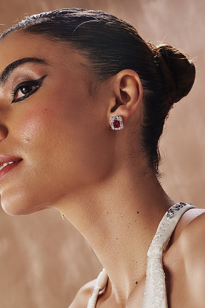 White Rhodium Finish Ruby Cubic Zirconia Crystal Floral Stud Earrings In Sterling Silver by MISS JO at Pernia's Pop Up Shop