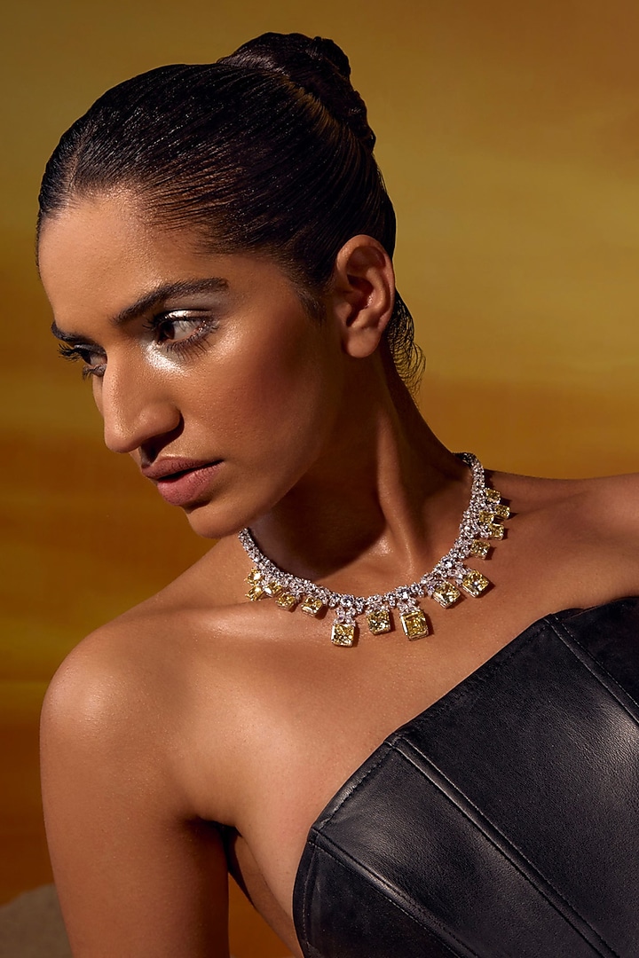 White Rhodium Finish Yellow Cubic Zirconia Crystal Pendant Necklace In Sterling Silver by MISS JO at Pernia's Pop Up Shop