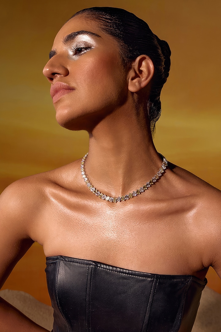 White Rhodium Finish Yellow & White Cubic Zirconia Crystal Pendant Necklace In Sterling Silver by MISS JO at Pernia's Pop Up Shop