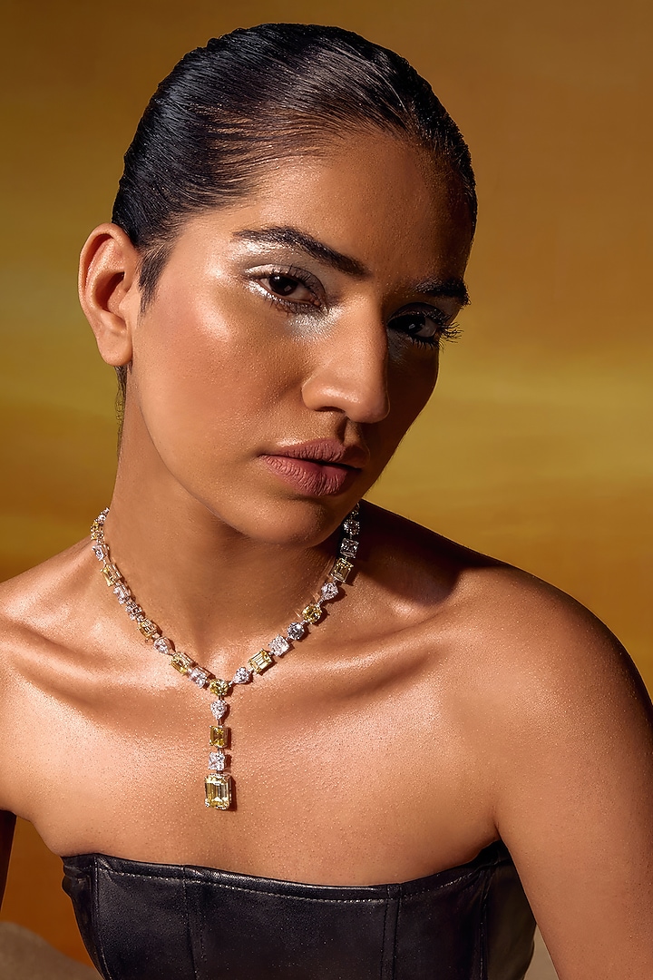 White Rhodium Finish Yellow Cubic Zirconia Crystal Pendant Necklace In Sterling Silver by MISS JO at Pernia's Pop Up Shop