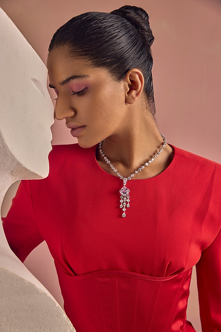 White Rhodium Finish Pink & White Cubic Zirconia Crystal Pendant Necklace In Sterling Silver by MISS JO at Pernia's Pop Up Shop