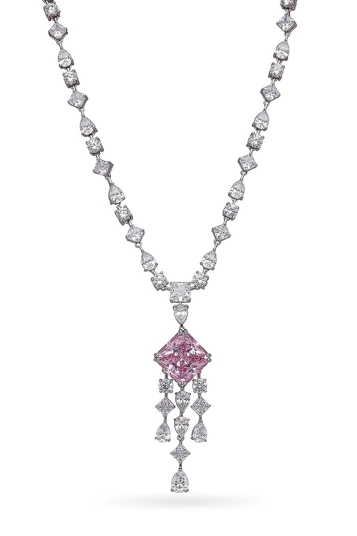 White Rhodium Finish Pink & White Cubic Zirconia Crystal Pendant Necklace In Sterling Silver by MISS JO at Pernia's Pop Up Shop