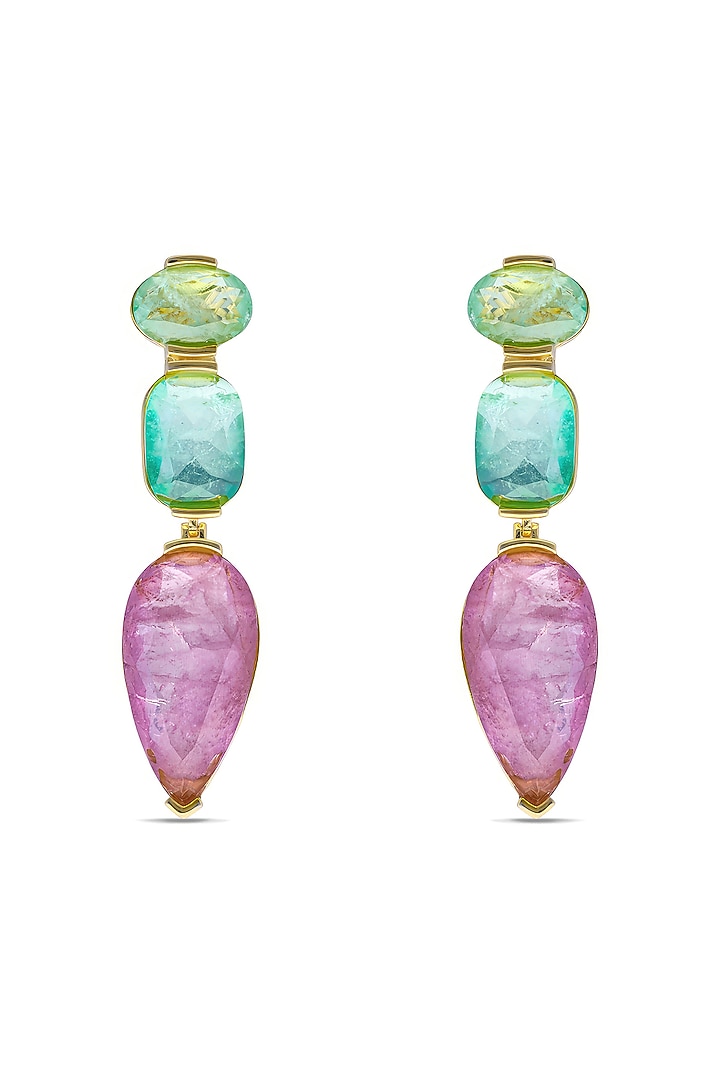 Gold Finish Aqua Green & Light Purple Natural Stone Drop Dangler Earrings In Sterling Silver by MISS JO at Pernia's Pop Up Shop