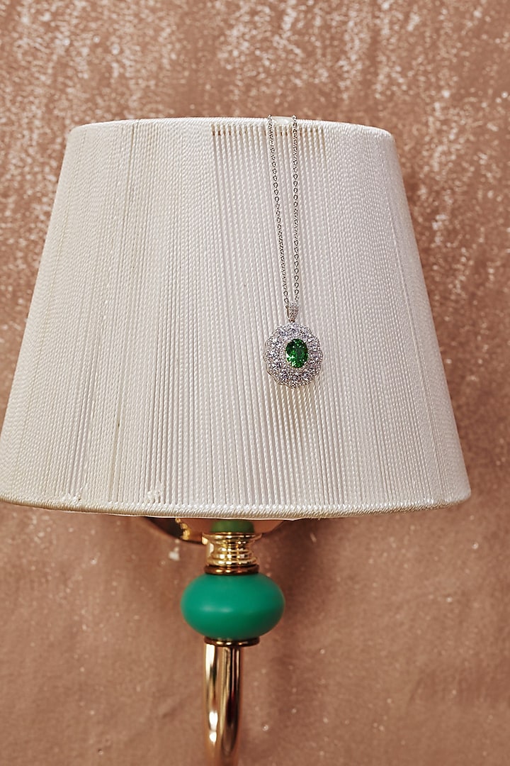 White Rhodium Finish Emerald & White Cubic Zirconia Crystal Pendant Necklace In Sterling Silver by MISS JO at Pernia's Pop Up Shop