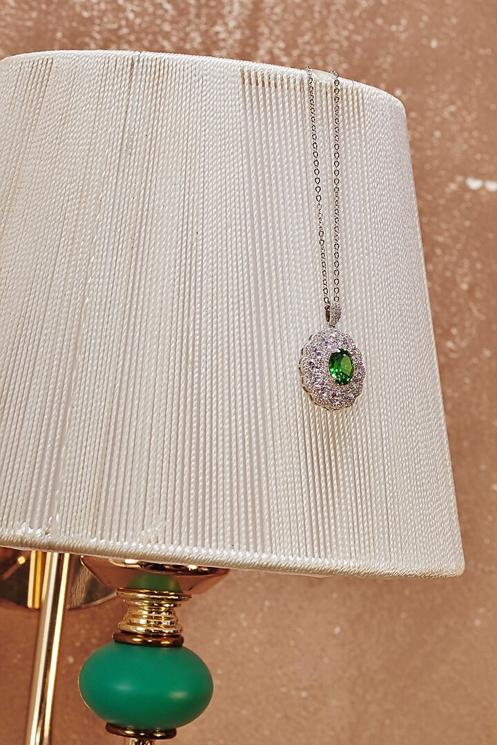 White Rhodium Finish Emerald & White Cubic Zirconia Crystal Pendant Necklace In Sterling Silver by MISS JO at Pernia's Pop Up Shop