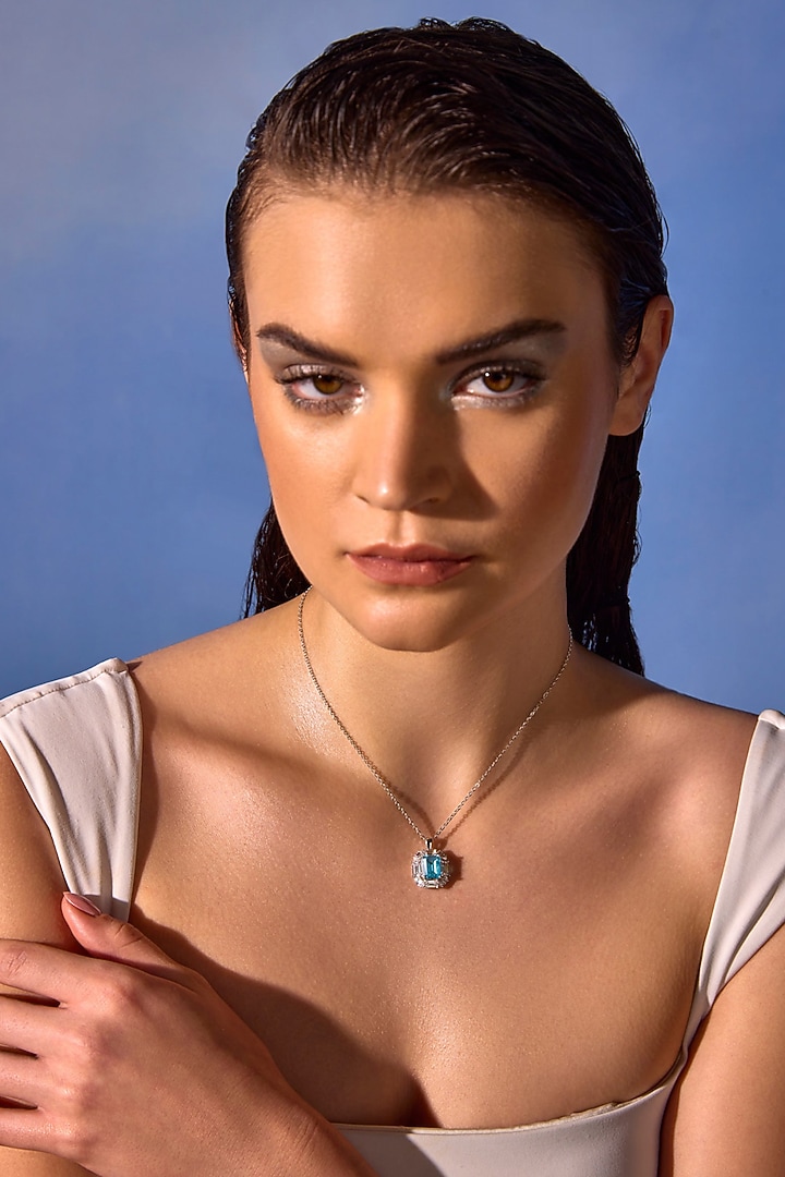 White Rhodium Finish Blue & White Cubic Zirconia Crystal Pendant Necklace In Sterling Silver by MISS JO at Pernia's Pop Up Shop