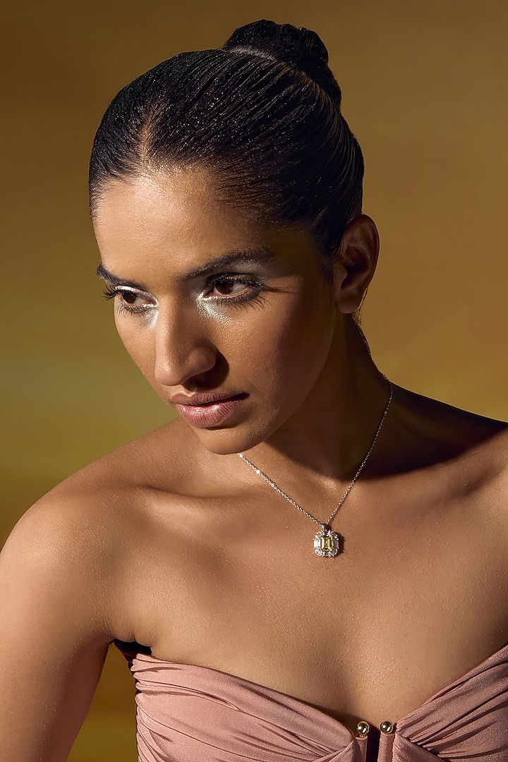 White Rhodium Finish Yellow & White Cubic Zirconia Crystal Pendant Necklace In Sterling Silver by MISS JO at Pernia's Pop Up Shop