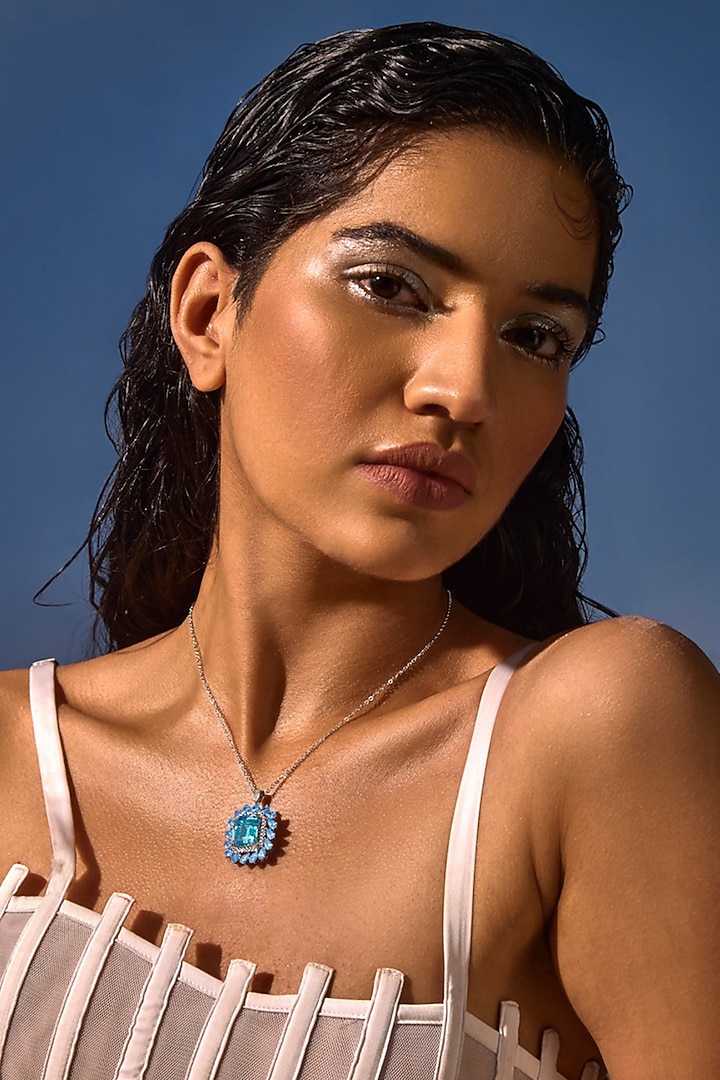 White Rhodium Finish Aqua Cubic Zirconia Crystal Pendant Necklace In Sterling Silver by MISS JO at Pernia's Pop Up Shop