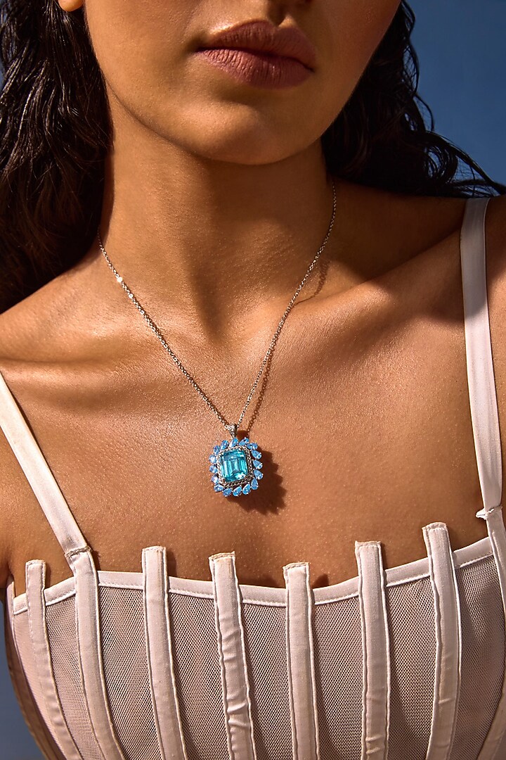 White Rhodium Finish Aqua Cubic Zirconia Crystal Pendant Necklace In Sterling Silver by MISS JO at Pernia's Pop Up Shop