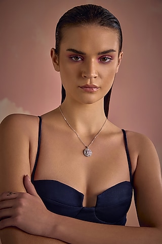 White Rhodium Finish Pink & White Cubic Zirconia Crystal Pendant Necklace In Sterling Silver by MISS JO