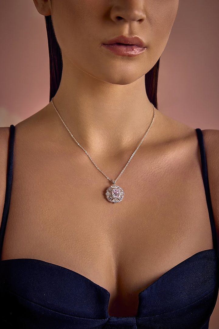 White Rhodium Finish Pink & White Cubic Zirconia Crystal Pendant Necklace In Sterling Silver by MISS JO at Pernia's Pop Up Shop