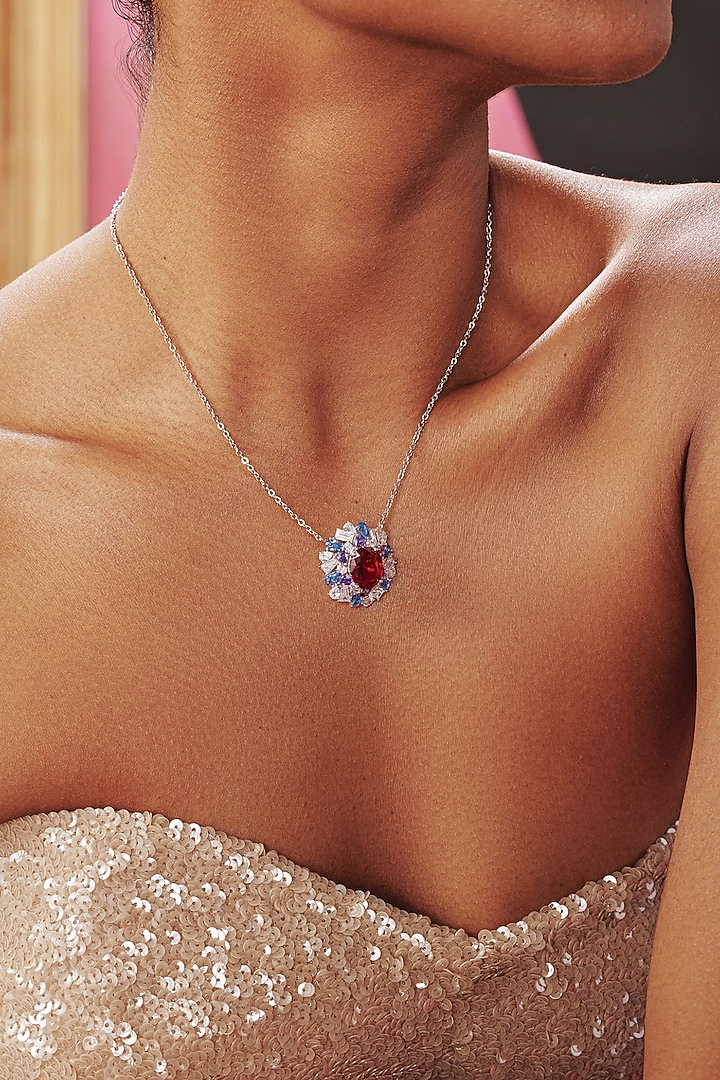 White Rhodium Finish Red Cubic Zirconia Crystal Pendant Necklace In Sterling Silver by MISS JO at Pernia's Pop Up Shop