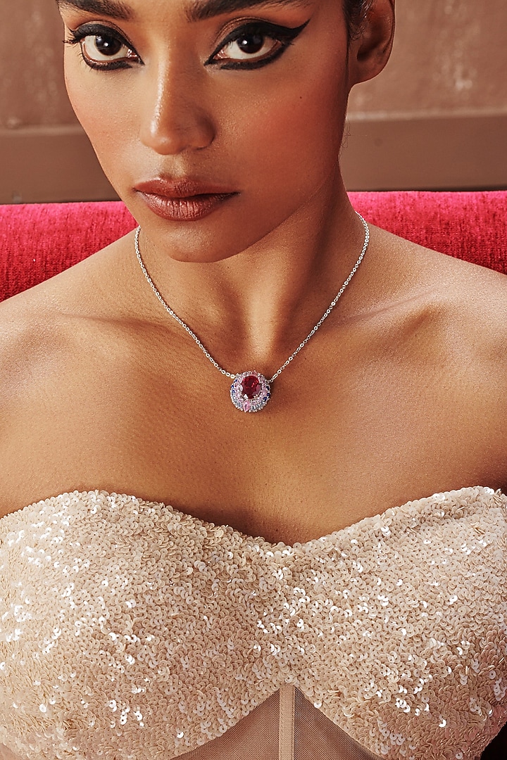 White Rhodium Finish Red Cubic Zirconia Crystal Pendant Necklace In Sterling Silver by MISS JO at Pernia's Pop Up Shop