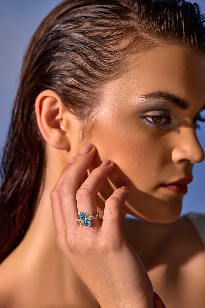White Rhodium Finish Blue & Yellow Cubic Zirconia Crystal Ring Necklace In Sterling Silver by MISS JO at Pernia's Pop Up Shop