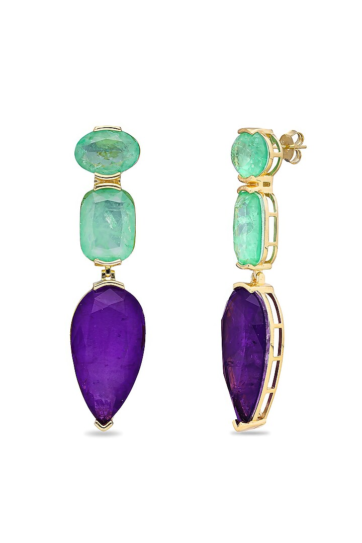 Gold Finish Aqua Green & Purple Natural Stone Drop Dangler Earrings In Sterling Silver by MISS JO at Pernia's Pop Up Shop