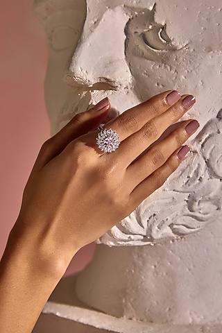 White Rhodium Finish Pink Cubic Zirconia Crystal Ring In Sterling Silver by MISS JO
