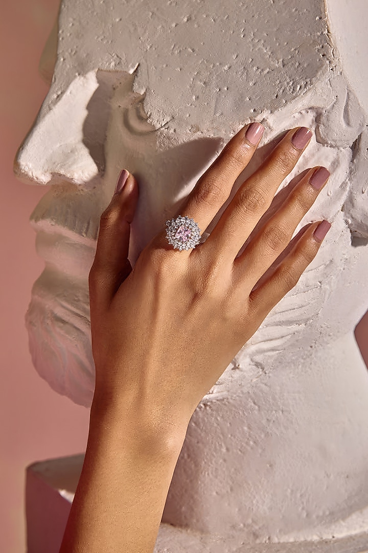 White Rhodium Finish Pink Cubic Zirconia Crystal Ring In Sterling Silver by MISS JO at Pernia's Pop Up Shop