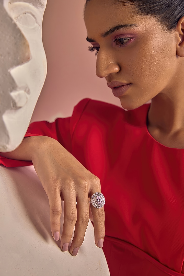 White Rhodium Finish Pink Cubic Zirconia Crystal Halo Ring In Sterling Silver by MISS JO at Pernia's Pop Up Shop