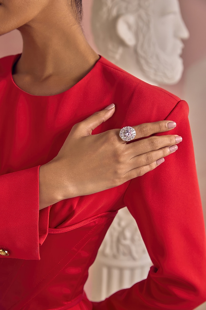 White Rhodium Finish Pink Cubic Zirconia Crystal Halo Ring In Sterling Silver by MISS JO at Pernia's Pop Up Shop