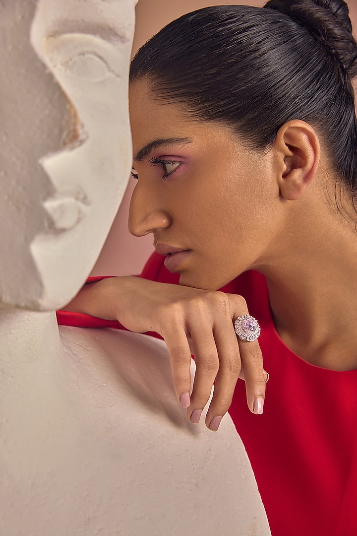 White Rhodium Finish Pink Cubic Zirconia Crystal Halo Ring In Sterling Silver by MISS JO at Pernia's Pop Up Shop