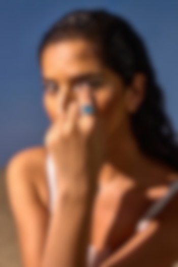 White Rhodium Finish Aqua Cubic Zirconia Crystal Halo Ring In Sterling Silver by MISS JO at Pernia's Pop Up Shop