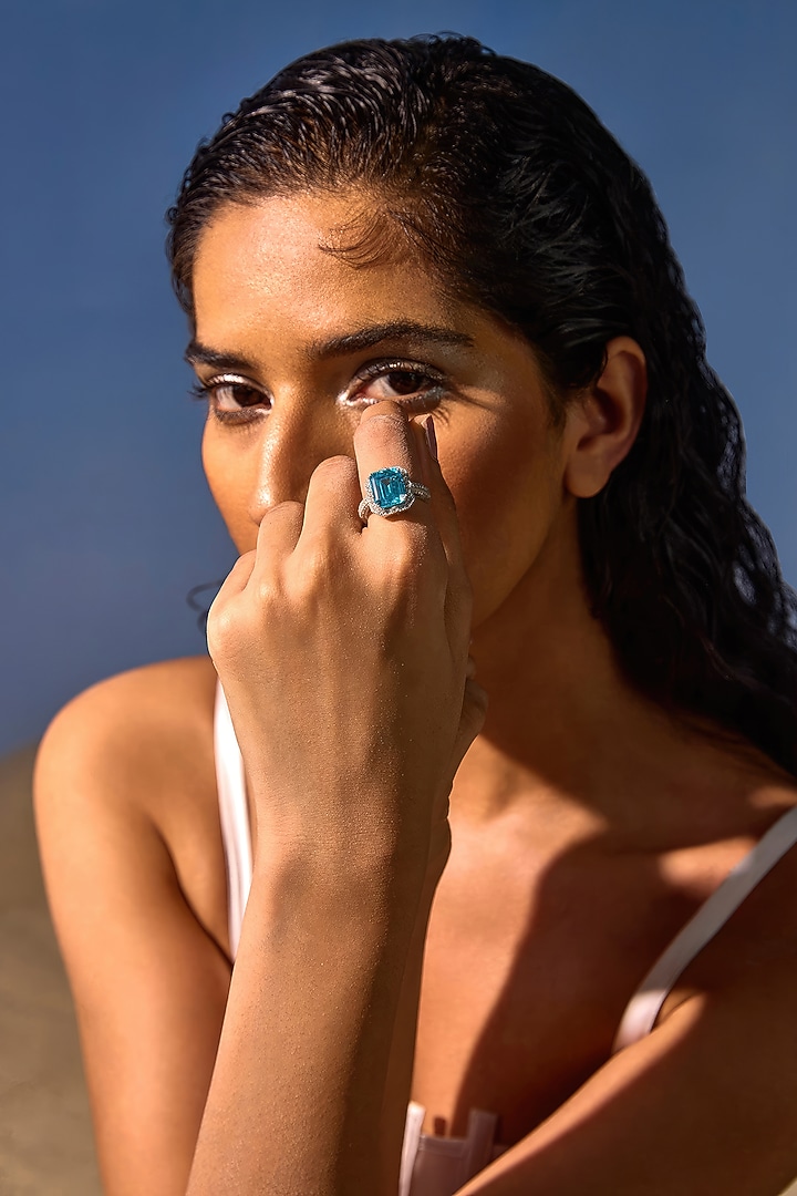 White Rhodium Finish Aqua Cubic Zirconia Crystal Halo Ring In Sterling Silver by MISS JO at Pernia's Pop Up Shop