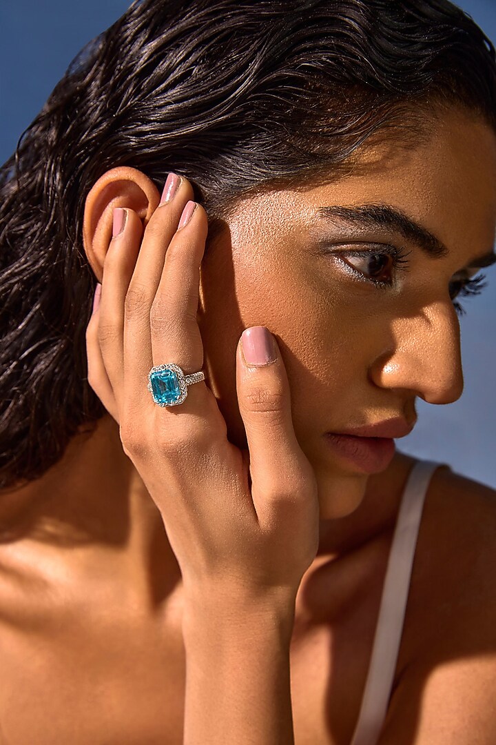 White Rhodium Finish Aqua Cubic Zirconia Crystal Halo Ring In Sterling Silver by MISS JO at Pernia's Pop Up Shop