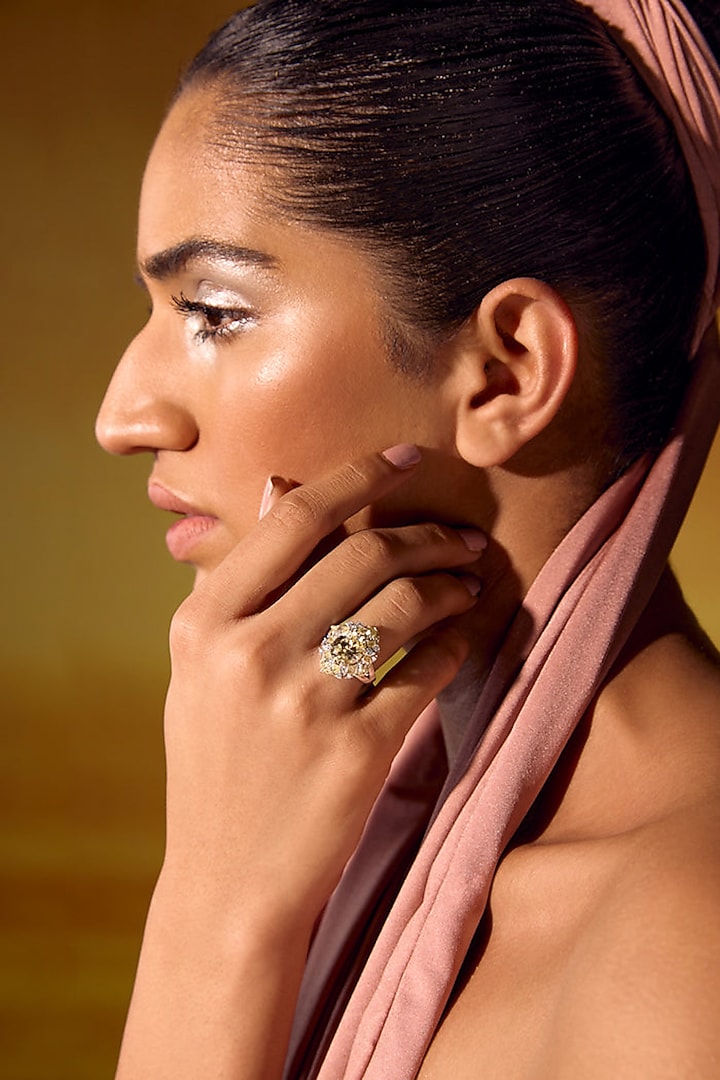 White Rhodium Finish Yellow & White Cubic Zirconia Crystal Ring In Sterling Silver by MISS JO at Pernia's Pop Up Shop