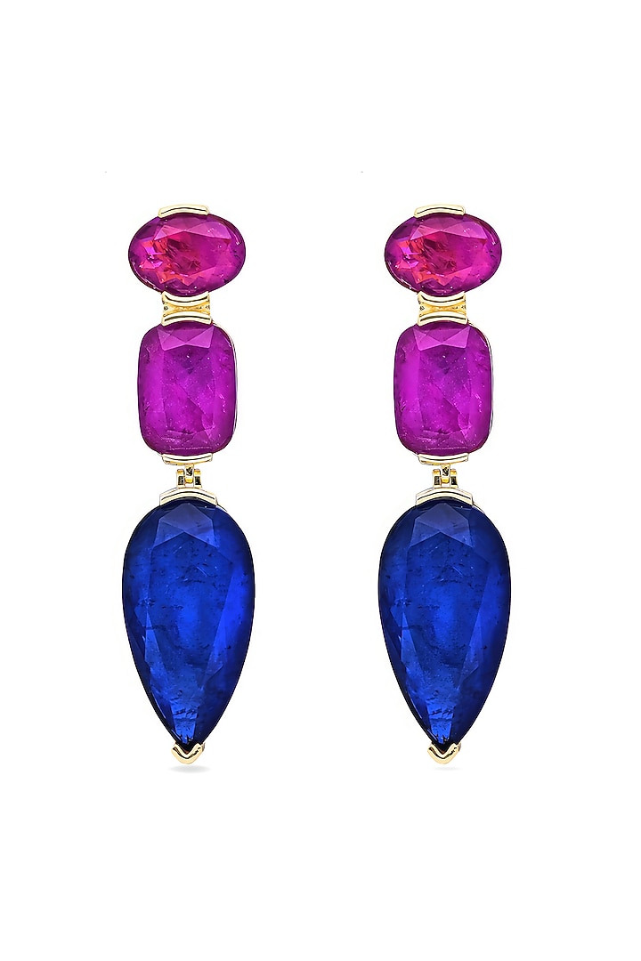 Gold Finish Dark Magenta & Blue Natural Stone Drop Dangler Earrings In Sterling Silver by MISS JO at Pernia's Pop Up Shop