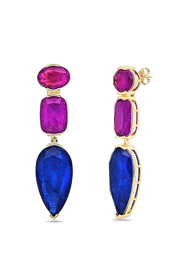 Gold Finish Dark Magenta & Blue Natural Stone Drop Dangler Earrings In Sterling Silver by MISS JO at Pernia's Pop Up Shop
