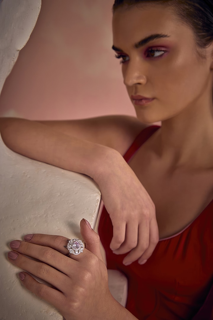 White Rhodium Finish Pink & White Cubic Zirconia Crystal Ring In Sterling Silver by MISS JO at Pernia's Pop Up Shop