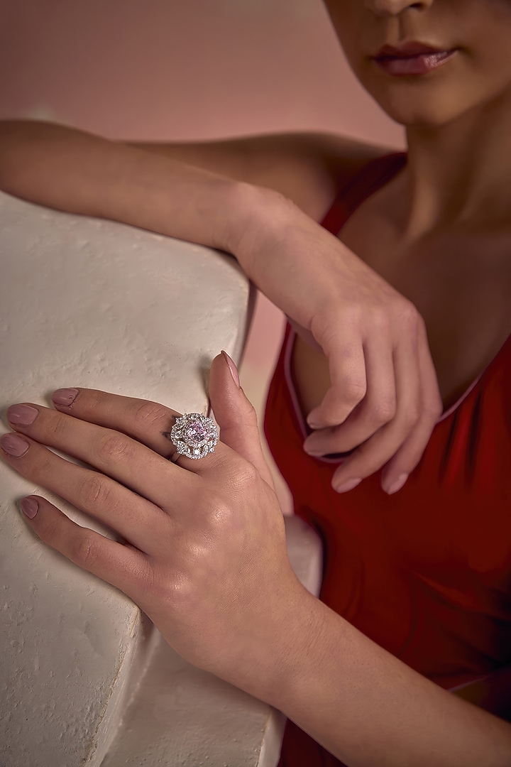 White Rhodium Finish Pink & White Cubic Zirconia Crystal Ring In Sterling Silver by MISS JO at Pernia's Pop Up Shop