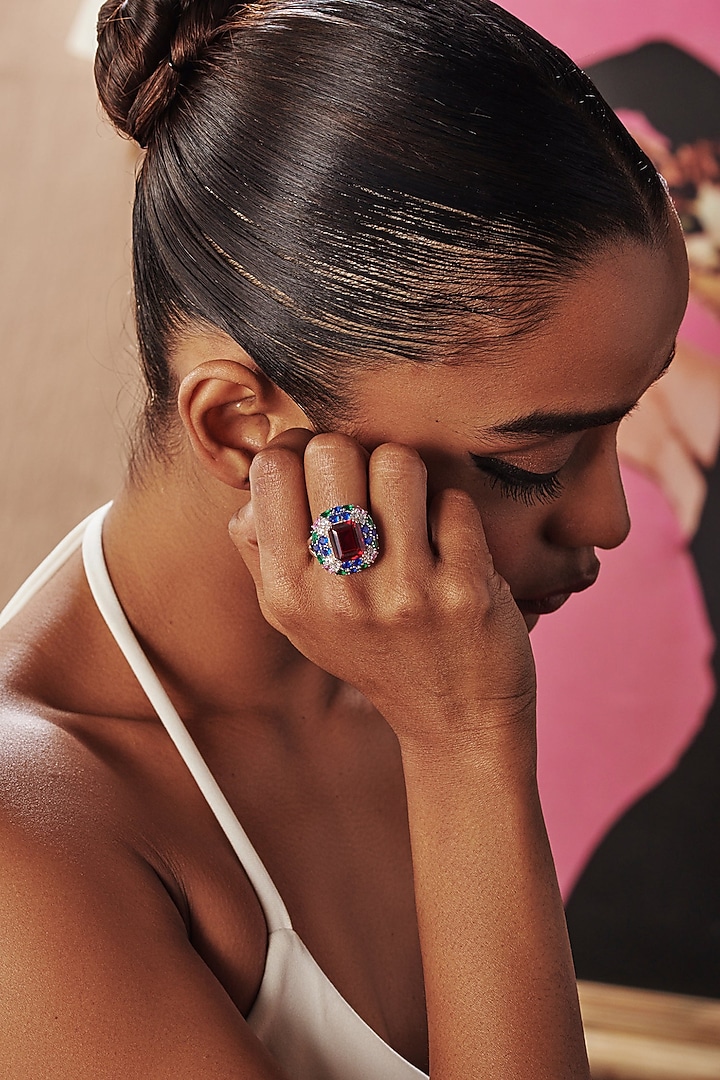 White Rhodium Finish Ruby Cubic Zirconia Crystal Ring In Sterling Silver by MISS JO at Pernia's Pop Up Shop