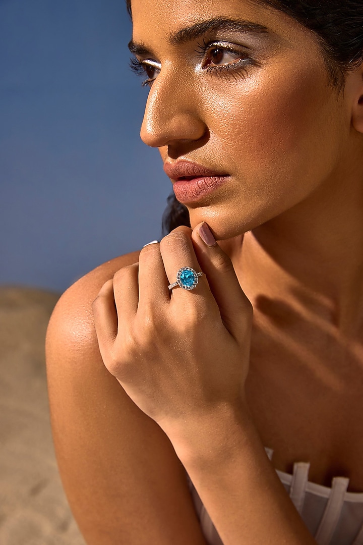 White Rhodium Finish Aqua Cubic Zirconia Crystal Ring In Sterling Silver by MISS JO at Pernia's Pop Up Shop