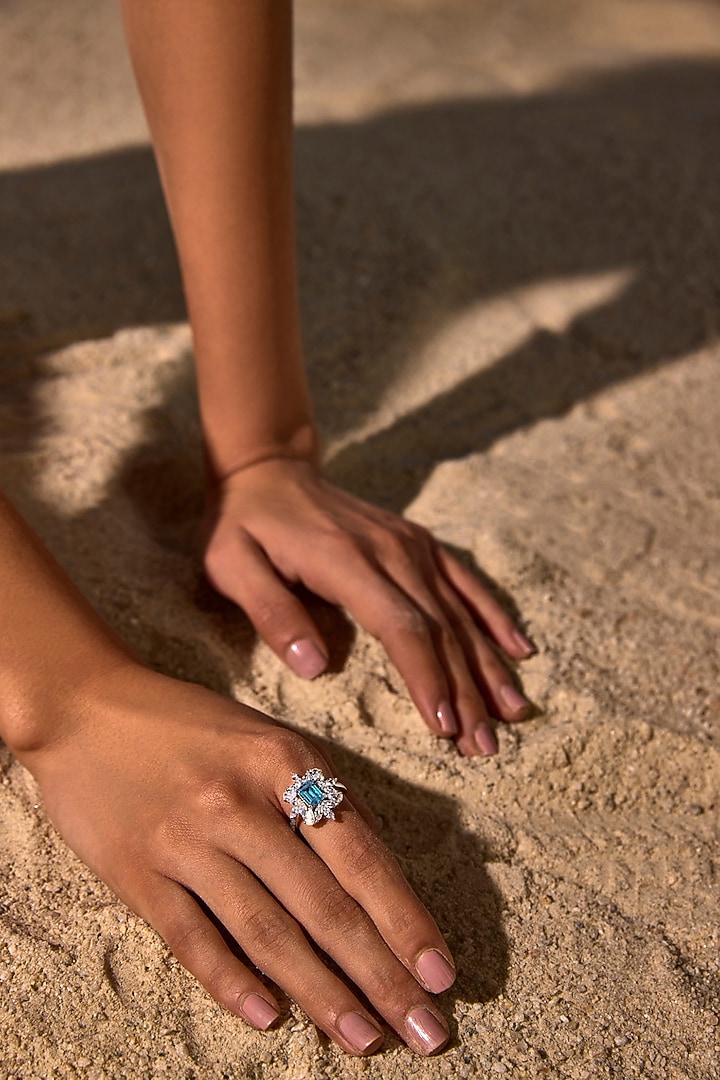 White Rhodium Finish Aqua & White Cubic Zirconia Crystal Ring In Sterling Silver by MISS JO at Pernia's Pop Up Shop