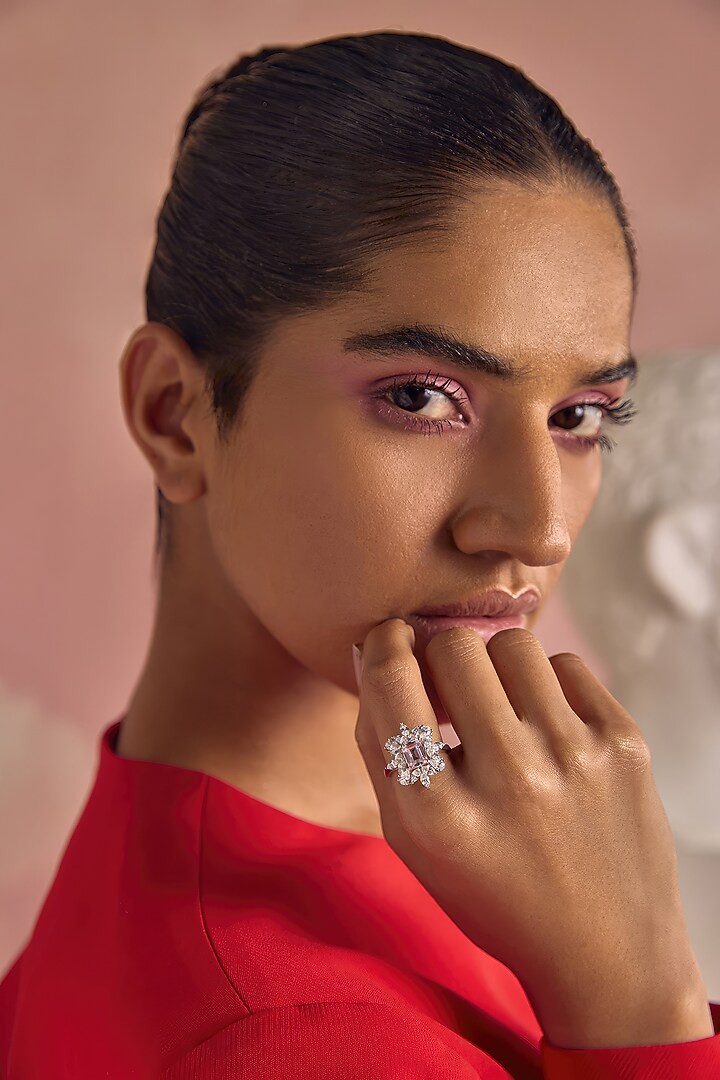 White Rhodium Finish Pink & White Cubic Zirconia Crystal Ring In Sterling Silver by MISS JO at Pernia's Pop Up Shop