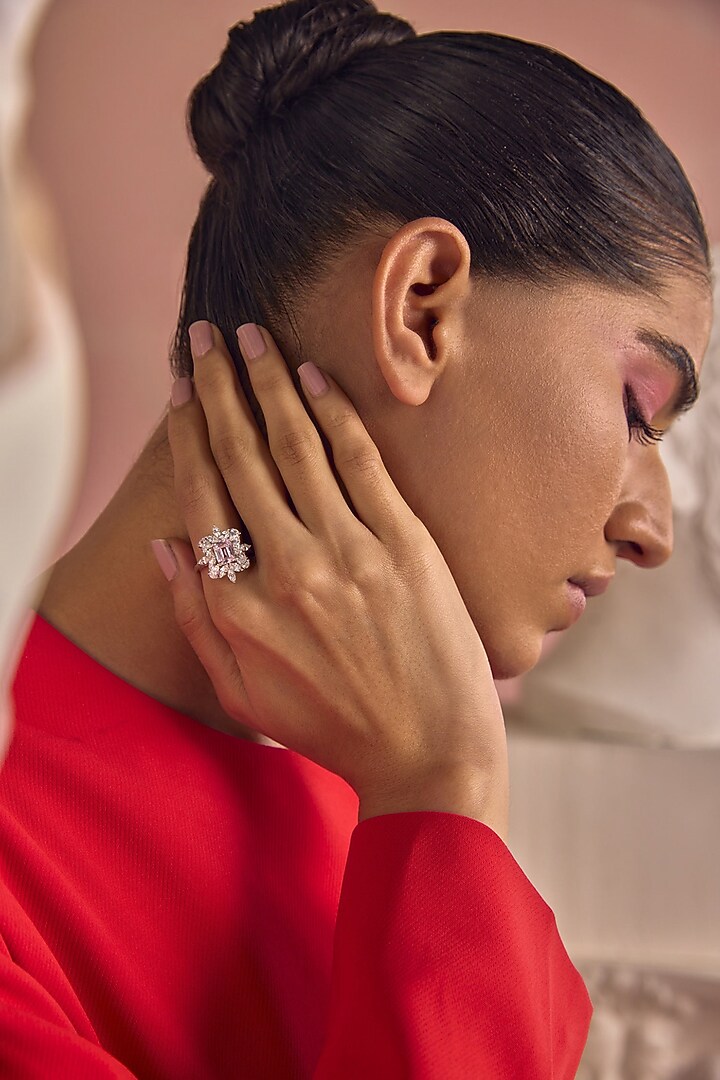 White Rhodium Finish Pink & White Cubic Zirconia Crystal Ring In Sterling Silver by MISS JO at Pernia's Pop Up Shop